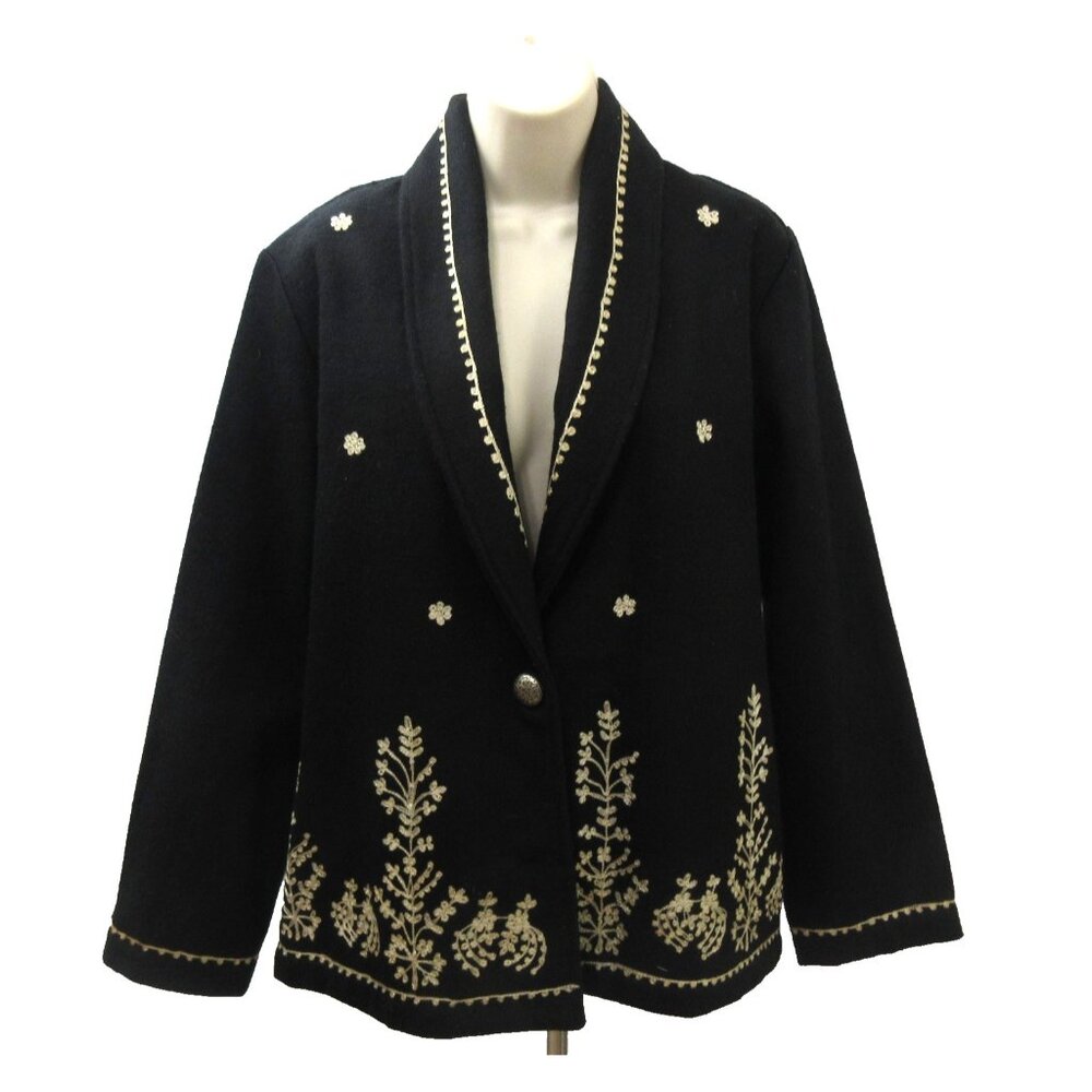 New Identity Coat Blazer Small (12-14) Embroidered Black Wool Wearable Art BOHO